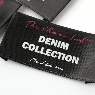 Private End Fold Fabric Tags Custom Printed Brand Logo Glossy Black Satin Denim Jeans Main Labels with Size