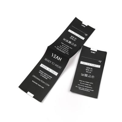 Custom Screen Printing Brand Logo Polyester Tags Washing Instruction Center Folded Black Satin Care Labels for Skirts