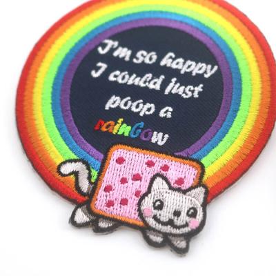 Irregular Shapes OEM Custom Rainbow Cat Cartoon Brand Embroidery Patches for Tote Bags