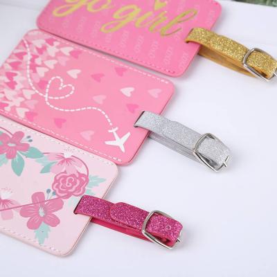 Cat Shape Printing Flower Pink Shiny PU Leather Luggage Tags for Girls